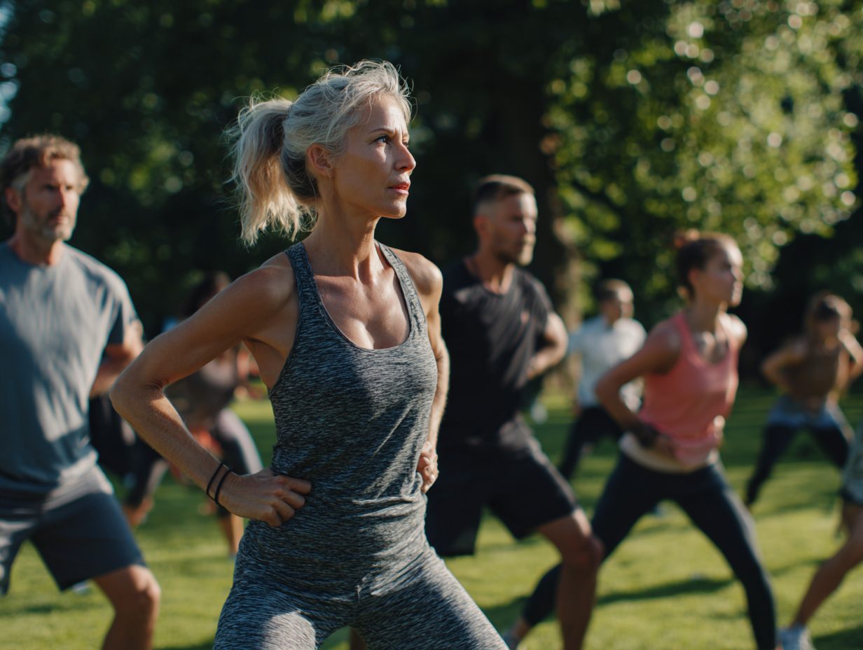 Група людей різного віку займається спортом на свіжому повітрі